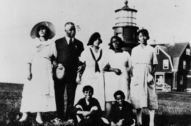 Author Dorothy West and poet Helene Johnson (standing, second and third from left) with friends at the Gay Head Light in the 1930s.
