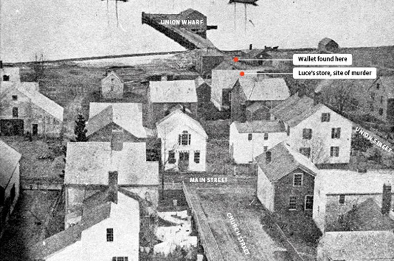 Holmes Hole sometime before the fire of 1883, showing the probable location of the crime.