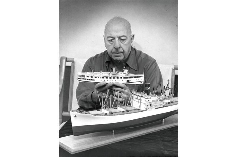 Charles Van Riper holds a model of the steamer Martha’s Vineyard, 1956.
