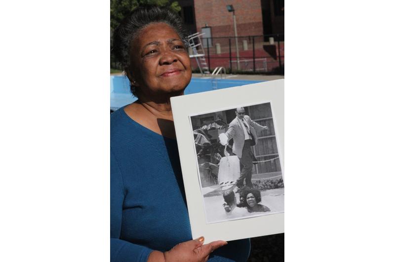 Mimi Jones today and in 1964, when she swam in a segregated pool into which the motel owner poured acid.