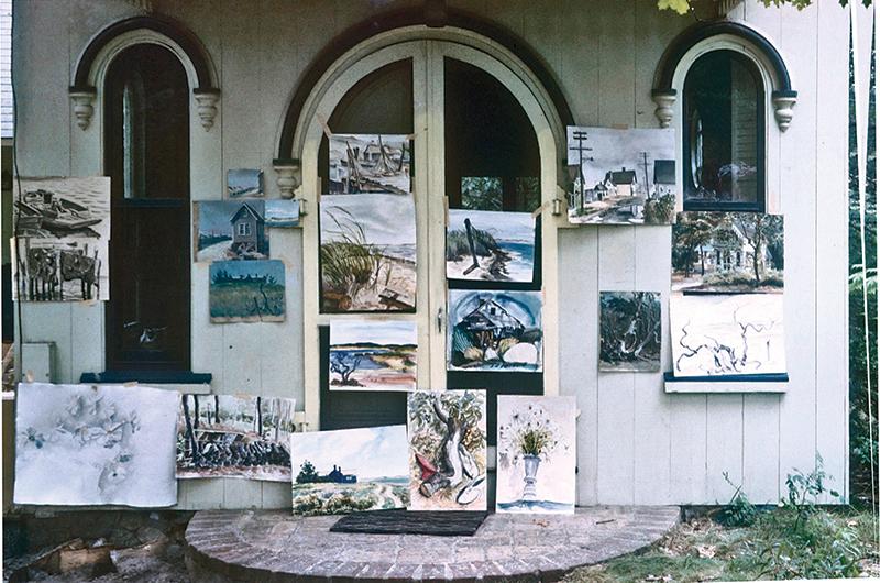 An art show on the porch of the Low house, 1958.