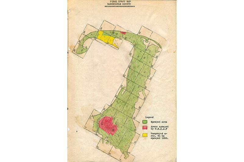 Map of DDT spray zones on Cape Cod in 1949, part of the Barnstable County Spray Program.