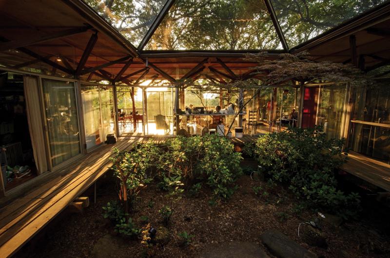 The Glass House is shaped like a squared-off donut, with the middle serving as an open courtyard.