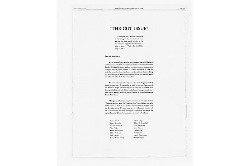 During the height of the summer season in 1967 the Vineyard Gazette published a full-page ad criticizing long-time summer resident Nicholas deB. Katzenbach.