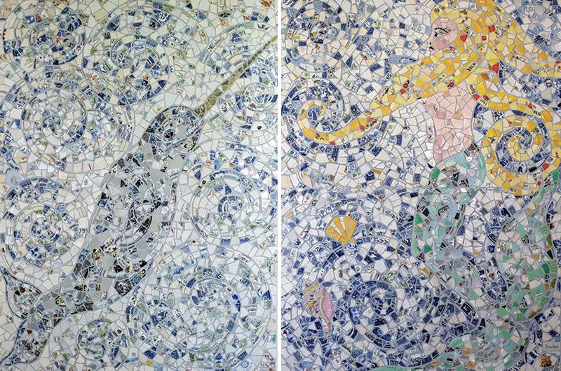 The two panels of The Mermaid and the Narwhal on Lighthouse Road. Each mosaic measures 54 x 72 inches.