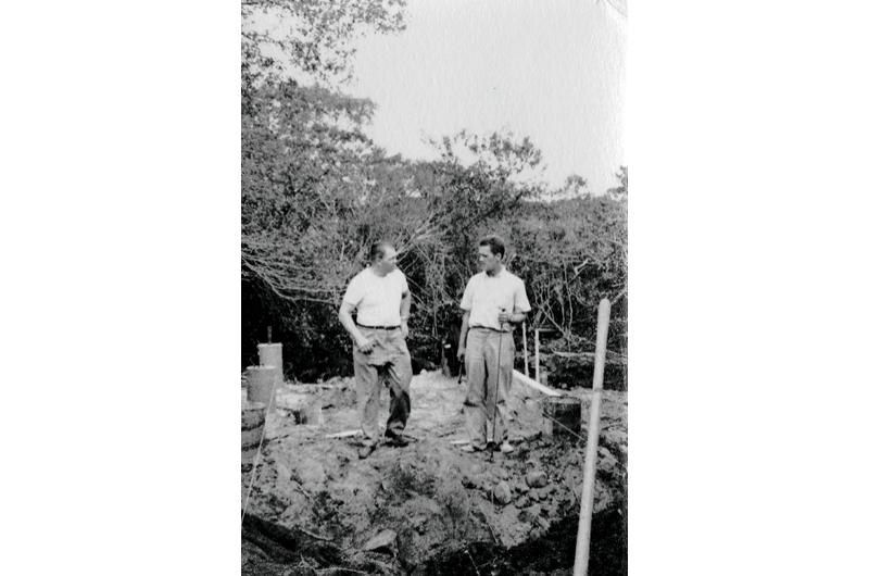 Chet Wisniewski, at right, with his brother Ed, preparing the footings of the Glass House in Chilmark
