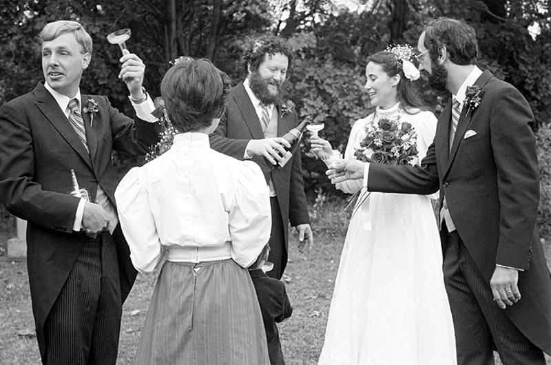 Anna and John’s 1982 wedding at the Field Gallery included fellow West Tisbury scions Skipper Manter (left) and best man Tim Maley.