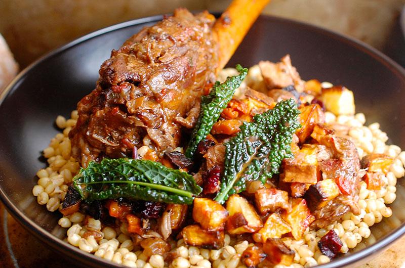 Braised lamb shanks.