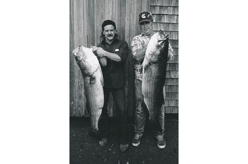 Cooper Gilkes (right) and Terry Boyd reeled in the big ones during a 1970s Derby: a pair of striped bass that tipped the scales in the upper forties.