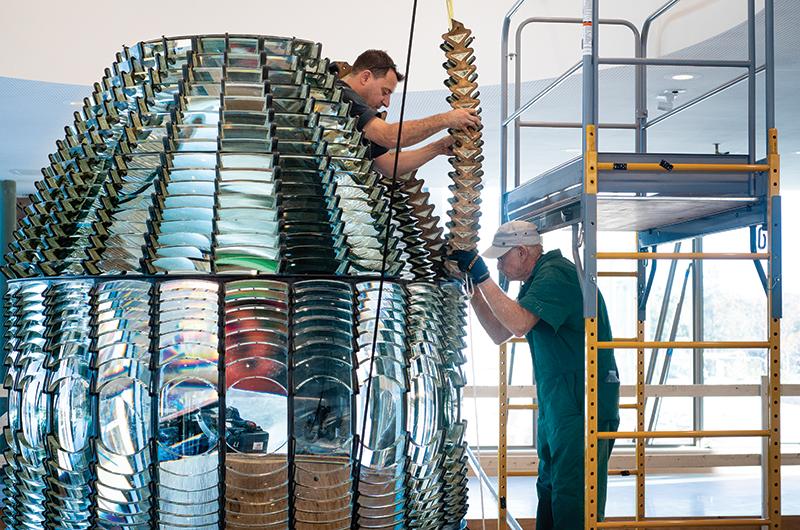 After spending nearly a century in the Gay Head Light, the Fresnel lens was transported in 1952 to the museum’s Edgartown campus, and again last year to its new Vineyard Haven location, where experts spent weeks cleaning, restoring, and reassembling its 1,008 crystal prisms.