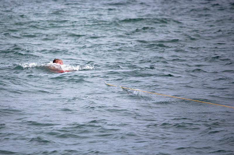 A rip current training session.