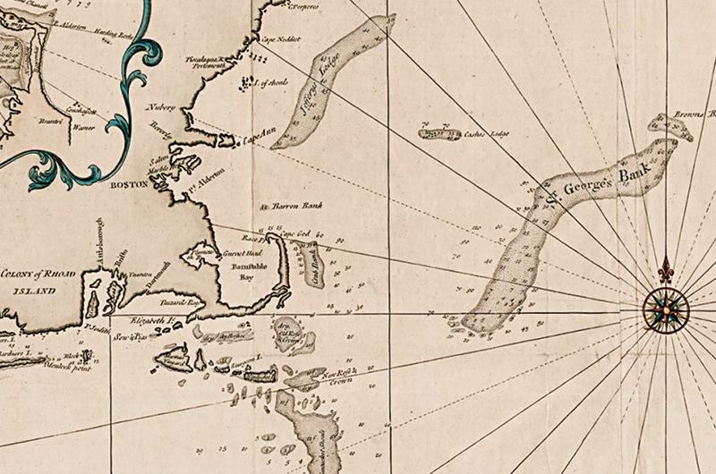 A detail of Southack’s Map of the Coast of New England, 1731, showing Georges Bank along with anomalous islands near Martha’s Vineyard.