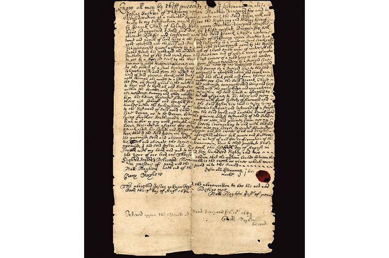 A deed from the collection of the Martha’s Vineyard Museum marking the sale of land by Keteanummin, the sachem of Takemmy (Tisbury), to Isaac Chase in 1682.