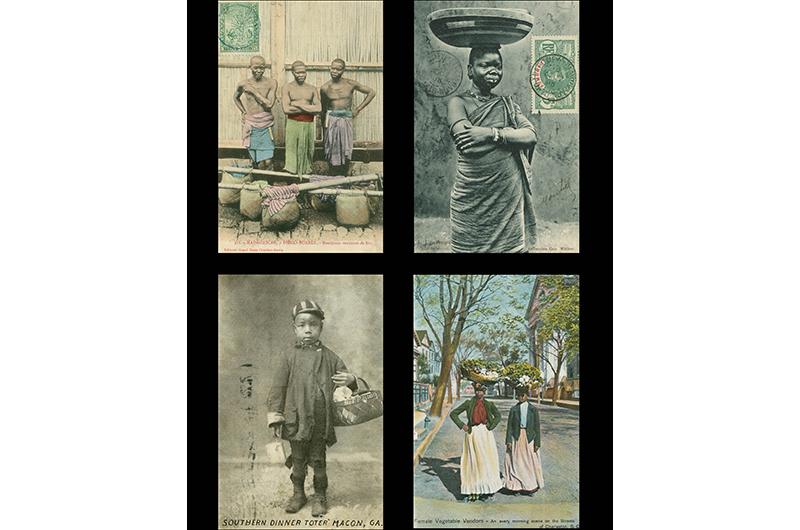 Vintage postcards Harris has collected over the years. Clockwise from top left: Madagascan rice sellers; a Dahomean beauty; vegetable vendors from Charleston, South Carolina; a young dinner toter in Macon, Georgia.