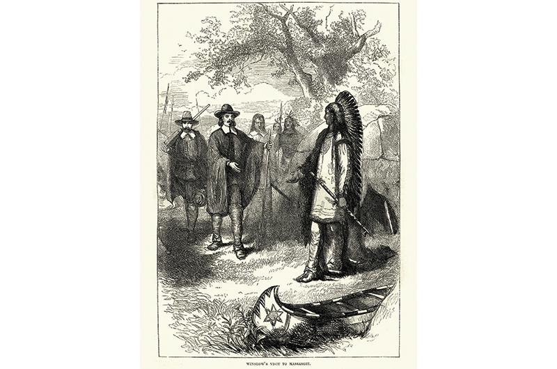 In a stereotypical mishmash, an unidentified engraving portrays Ousamequin (Massasoit) dressed like a Native American from the Great Plains beside a birch bark canoe in the style of those made by Native Americans of Northern New England and the Great Lakes.