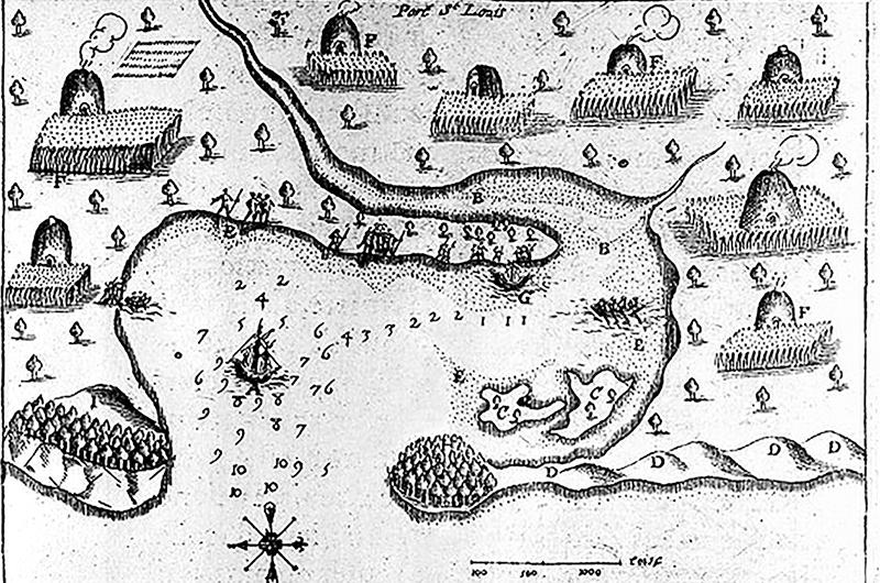 Map of Plymouth Harbor drawn by Samuel de Champlain in 1605 showing native habitations and locations of corn-beans-squash horticulture.