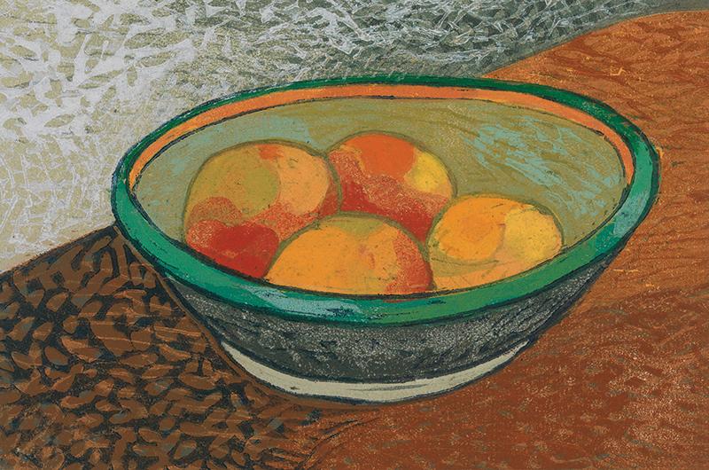 Bowl with Fruit, woodcut, 8 x 9.5 inches.
