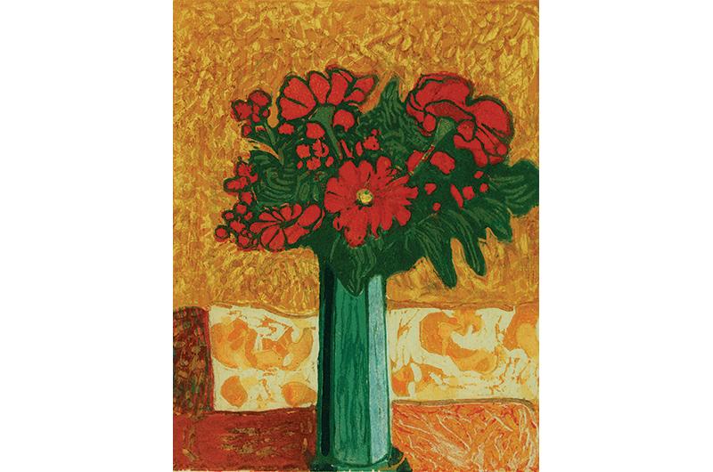 Zinnias, woodcut, 5.75 x 7.5 inches.