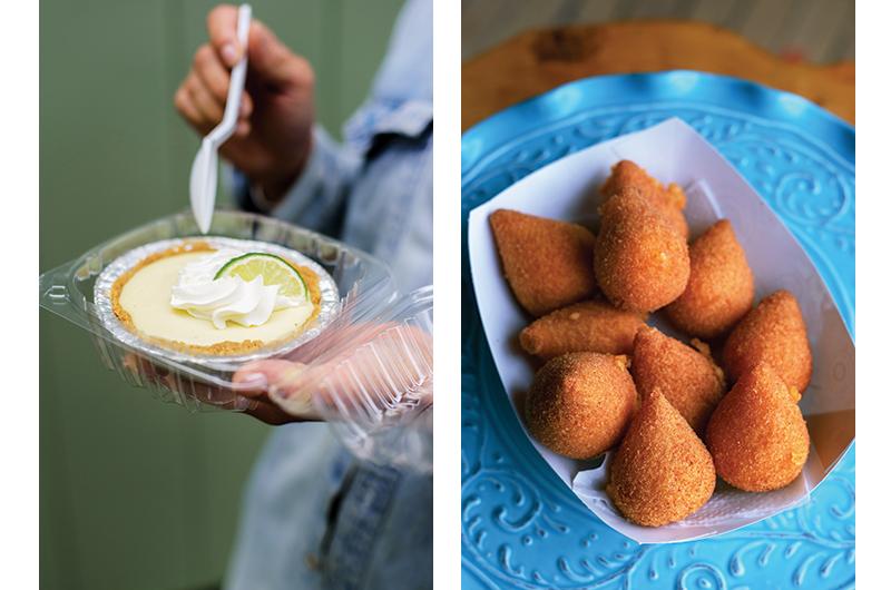 Lime tarts (left), pastries, and chicken coxinhas (right) are made fresh daily.