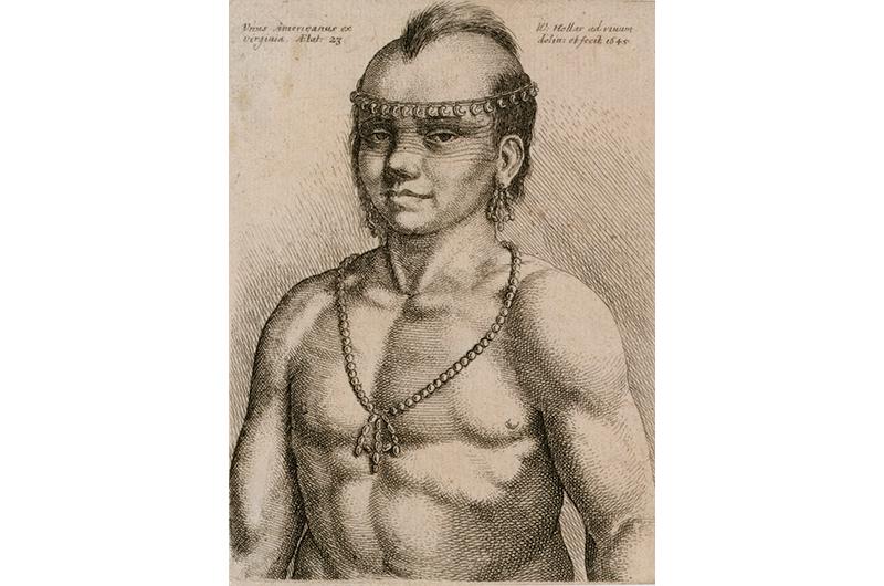 There are very few seventeenth century images of Native North Americans that were drawn from life. One of the earliest, at left, was drawn and engraved by the Czech printmaker Wenceslaus Hollar. It depicts a twenty-three-year-old Algonquian of Virginia who “visited” London in 1645 under circumstances that are unclear.
