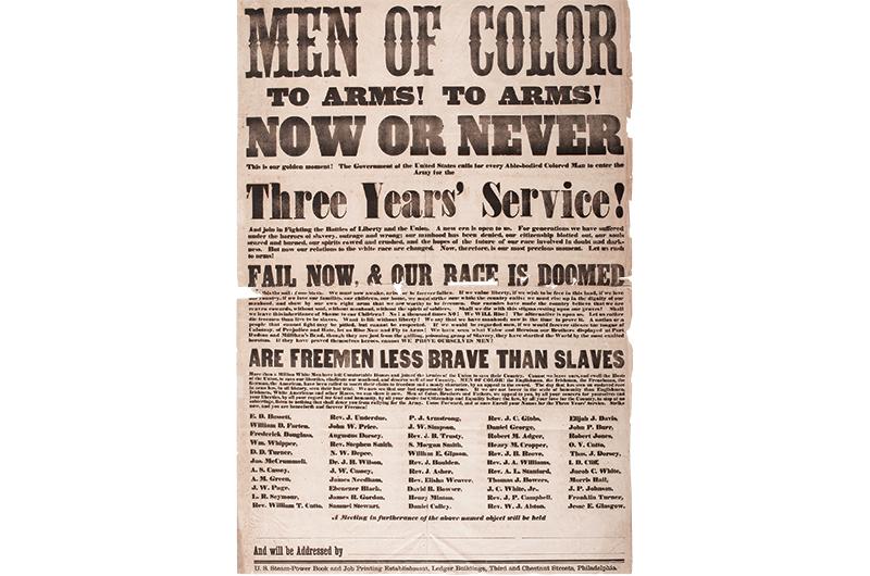 1863 broadside, written by Jackson’s friend, the abolitionist Frederick Douglass, recruiting men of color to enlist in the U.S. military during the Civil War.