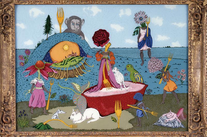 Morning Snack, reverse painted glass, 26 x 33.5 inches, 1969.