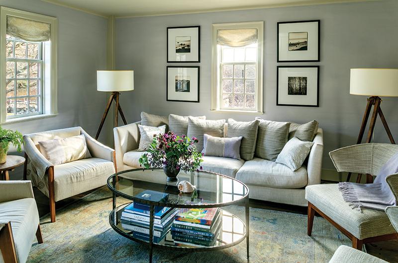 Modern furnishings update the look of the formal living room.