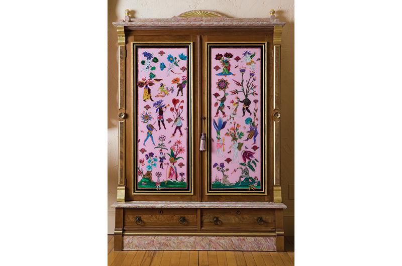 Detail from Pink Bookcase Cabinet, 67 x 46 x 16 inches, 1991.