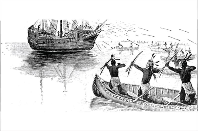 A late 1800s artist’s depiction of the Wampanoag attack on Captain Nicholas Hobson’s ship in
1614 on Noepe, now Martha’s Vineyard.
The coordinated attack allowed the enslaved Epenow to escape and return home.