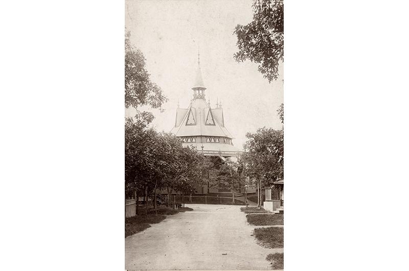 Some of the chapel’s original adornments, including a bell tower and spire, as seen in this circa 1880 photograph, have been lost to time.