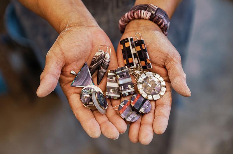 Welch puts a contemporary spin on wampum jewelry, often inlaying it with other natural elements.