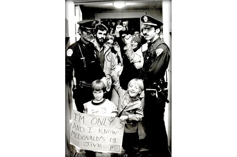 Sack the Mac protestors push back on McDonald’s erecting golden arches on Beach Road in Vineyard Haven, 1978.