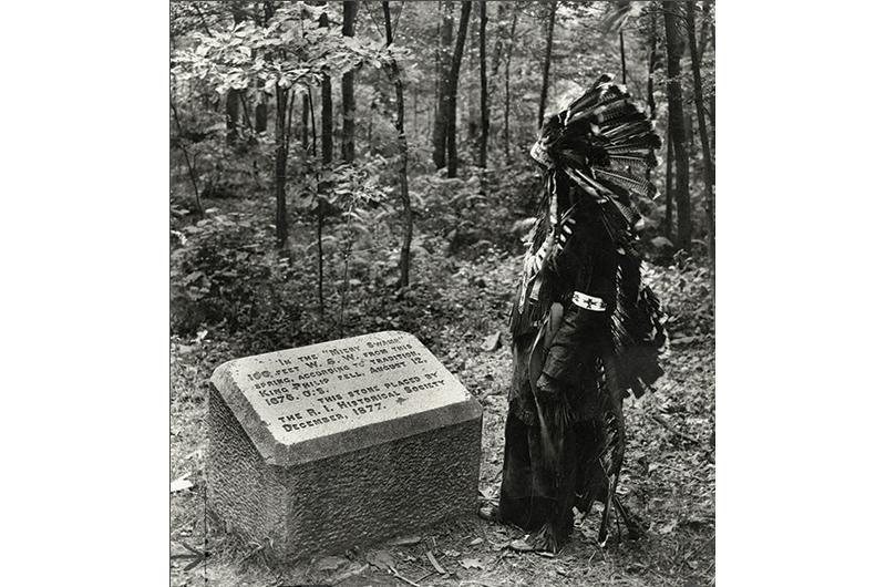 On a 1931 trip to Mount Hope (former Wampanoag land in what is now Bristol, Rhode Island), Ousamequin visited a Historical Society monument near the site of King Philip’s murder.