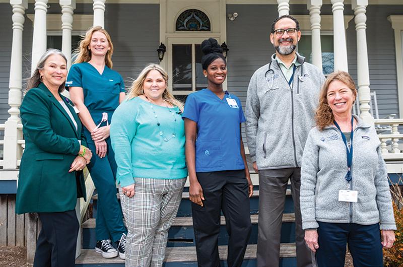 Even with close to 200 bedrooms for employees and their families, the Martha’s Vineyard Hospital’s vacancy rate continues to hover at around 23 percent. Left to right: Hospital president and CEO Denise Schepici with maternity nurse Maddie Schulte, Windemere director of nursing Tiffany McCarty, emergency room nurse Abigail Danso, family medicine practitioner Dr. Tony Hawes, and housing manager Michelle Parker.