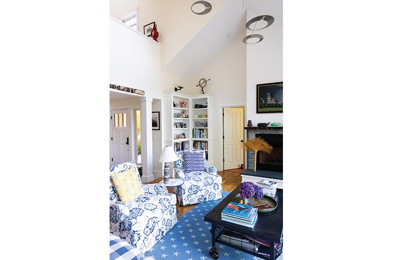 The living room was mostly left untouched during the renovation, save for new pillars and a fireplace.