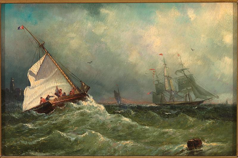 Long journeys were sometimes prolonged by additional waits for pilot boats, used to navigate larger ships safely into the harbor. (Albert Van Beest, Hove to for a Pilot, 1855.)
